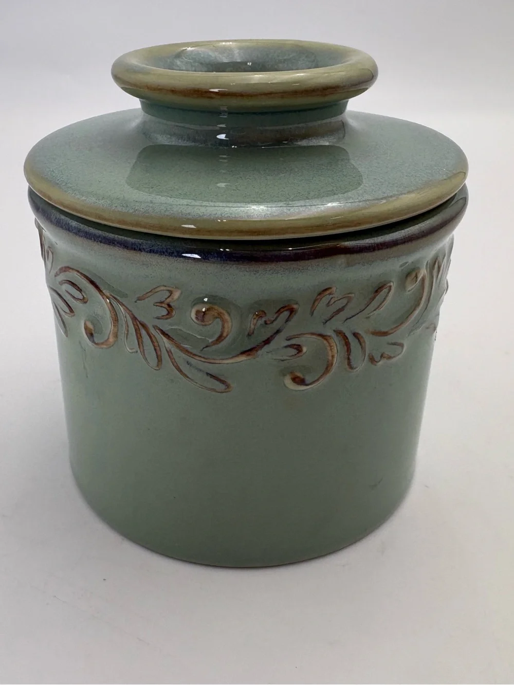 Green Ceramic Butter Bell Crock with Decorative Scroll Band